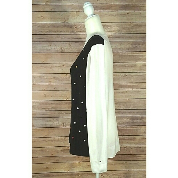 Tommy Hilfiger black white long sleeves scoop neck polka dot sweater women's XL - Picture 5 of 7